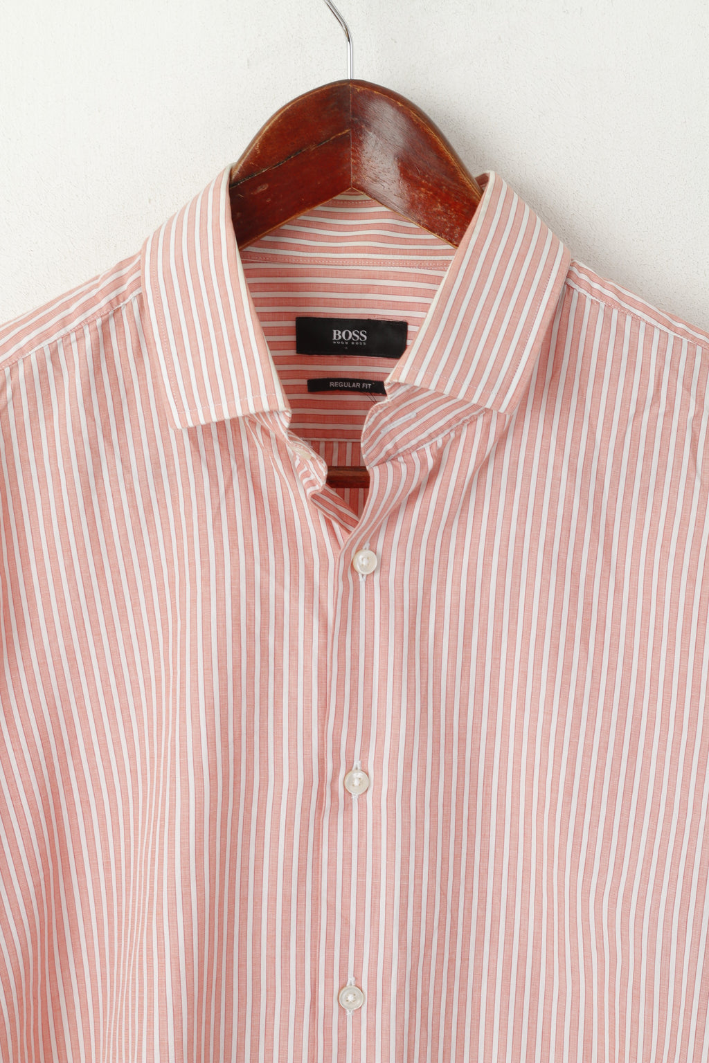 Hugo Boss Men 41 16 L Casual Shirt Peach Cotton Striped Regular Fit Long Sleeve Top