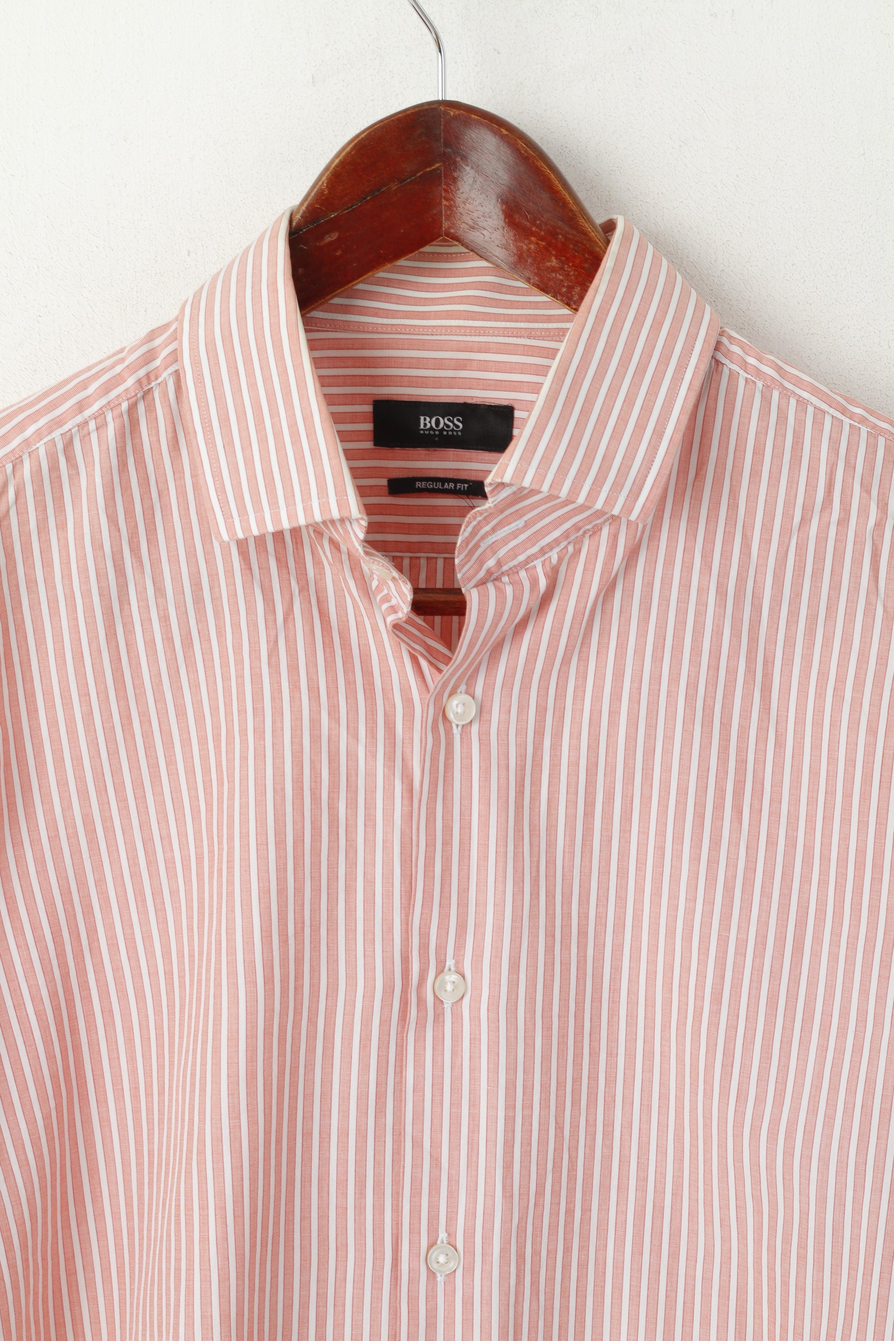 Hugo Boss Men 41 16 L Casual Shirt Peach Cotton Striped Regular Fit Long Sleeve Top