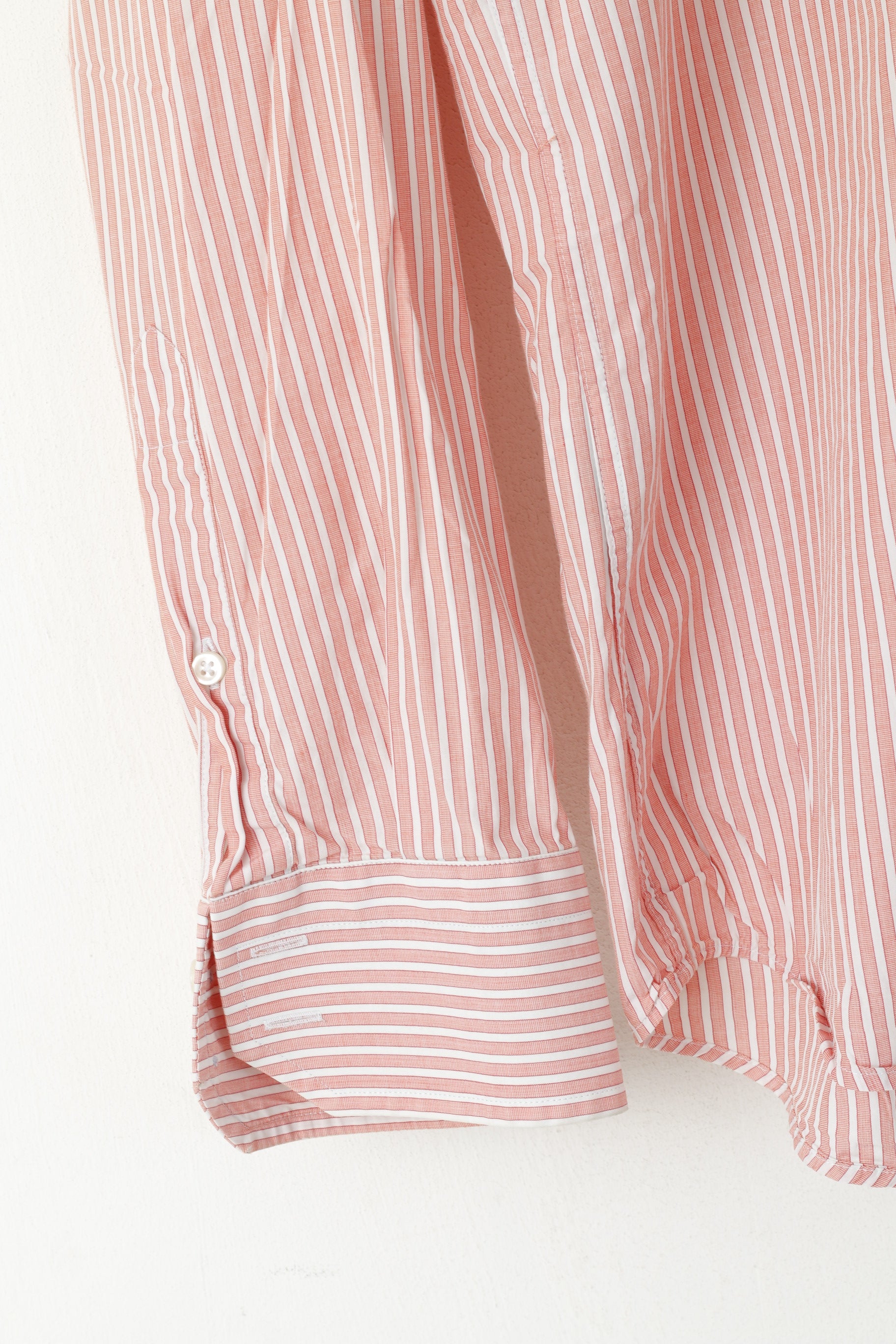 Hugo Boss Men 41 16 L Casual Shirt Peach Cotton Striped Regular Fit Long Sleeve Top