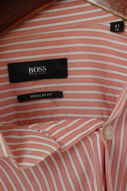 Hugo Boss Men 41 16 L Casual Shirt Peach Cotton Striped Regular Fit Long Sleeve Top