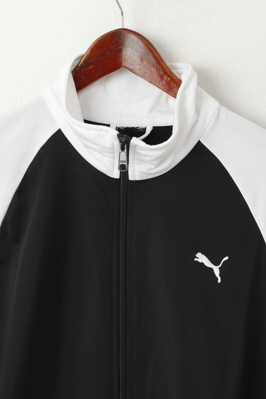 Felpa Puma da uomo XL nera bianca lucida con cerniera intera sportiva vintage