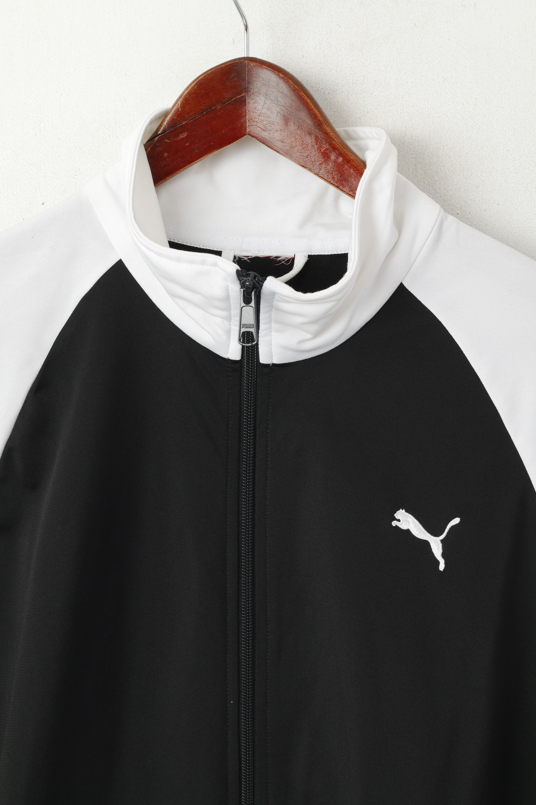 Felpa Puma da uomo XL nera bianca lucida con cerniera intera sportiva vintage