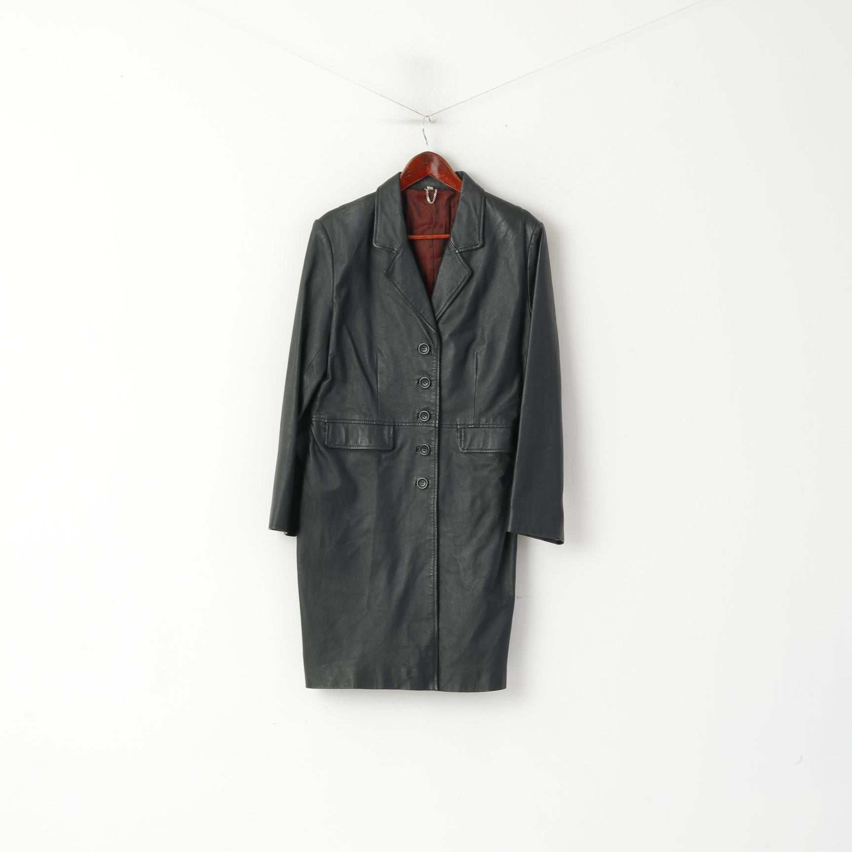 Freemans Sketchley Femmes 14 M Manteau En Cuir Noir Simple Boutonnage Rétro
