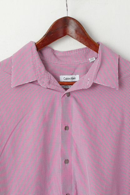 Calvin Klein Men 17.5 34/35 XXL Casual Shirt Pink Check Non Iron Cotton Long Sleeve Top