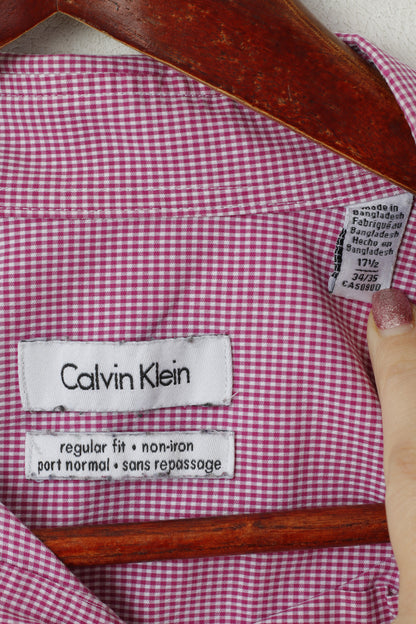 Calvin Klein Men 17.5 34/35 XXL Casual Shirt Pink Check Non Iron Cotton Long Sleeve Top