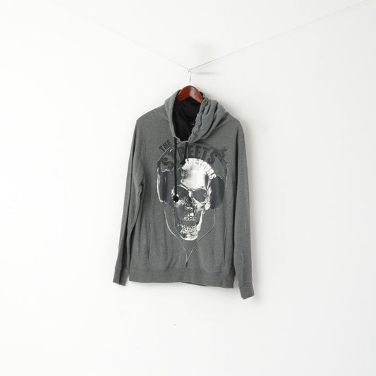 Coolcat Men L Sweatshirt Grey Cotton Turtle Neck Skull Graphic Gun Top