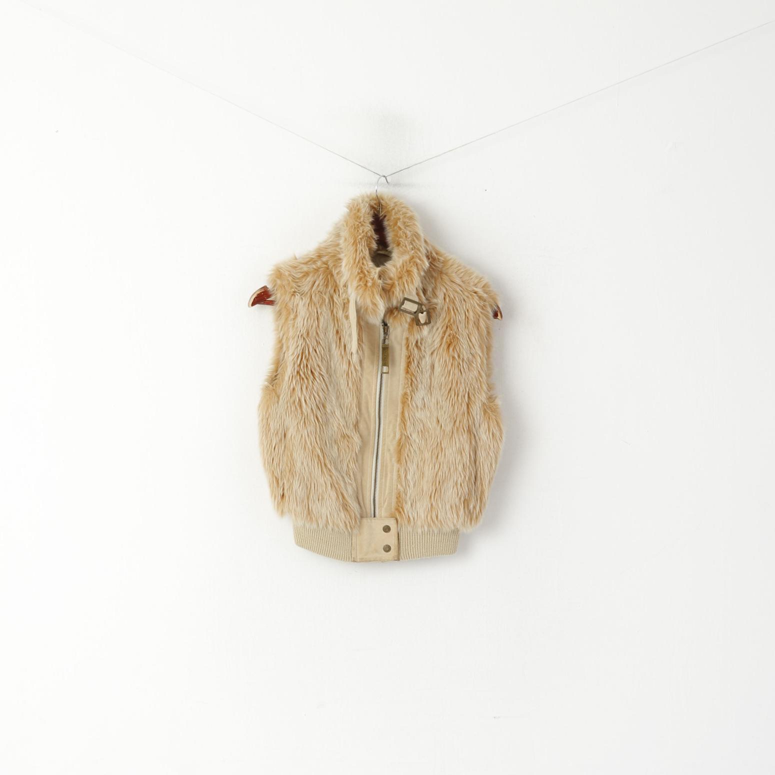 River Island Women 36 10 S Bodywarmer Beige Faux Fur Full Zip Boho Vest