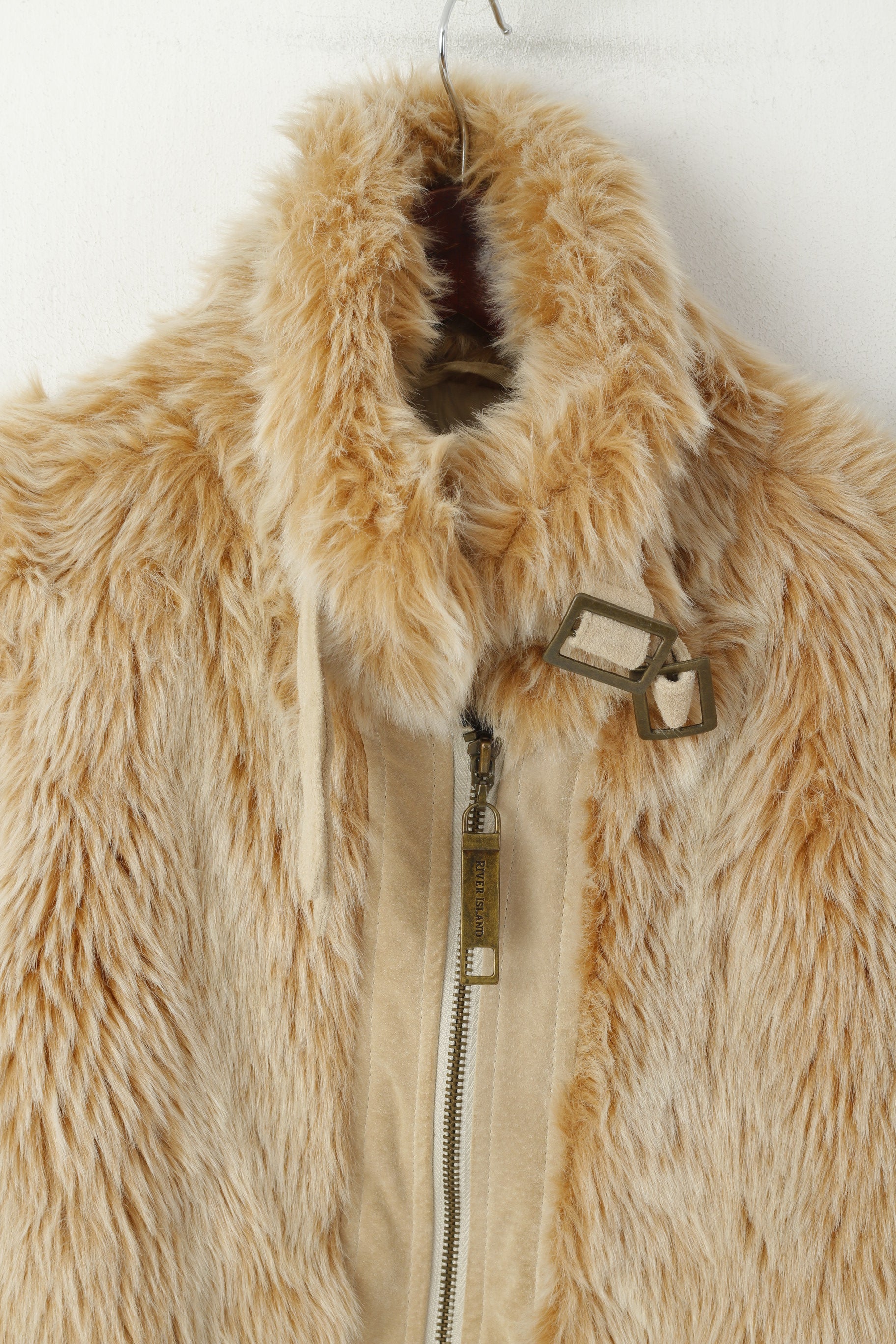 River Island Women 36 10 S Bodywarmer Beige Faux Fur Full Zip Boho Vest