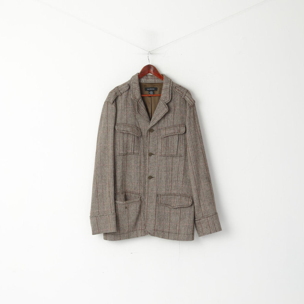 Calvin Klein Jeans Veste XL pour homme en laine marron à chevrons doux à simple boutonnage