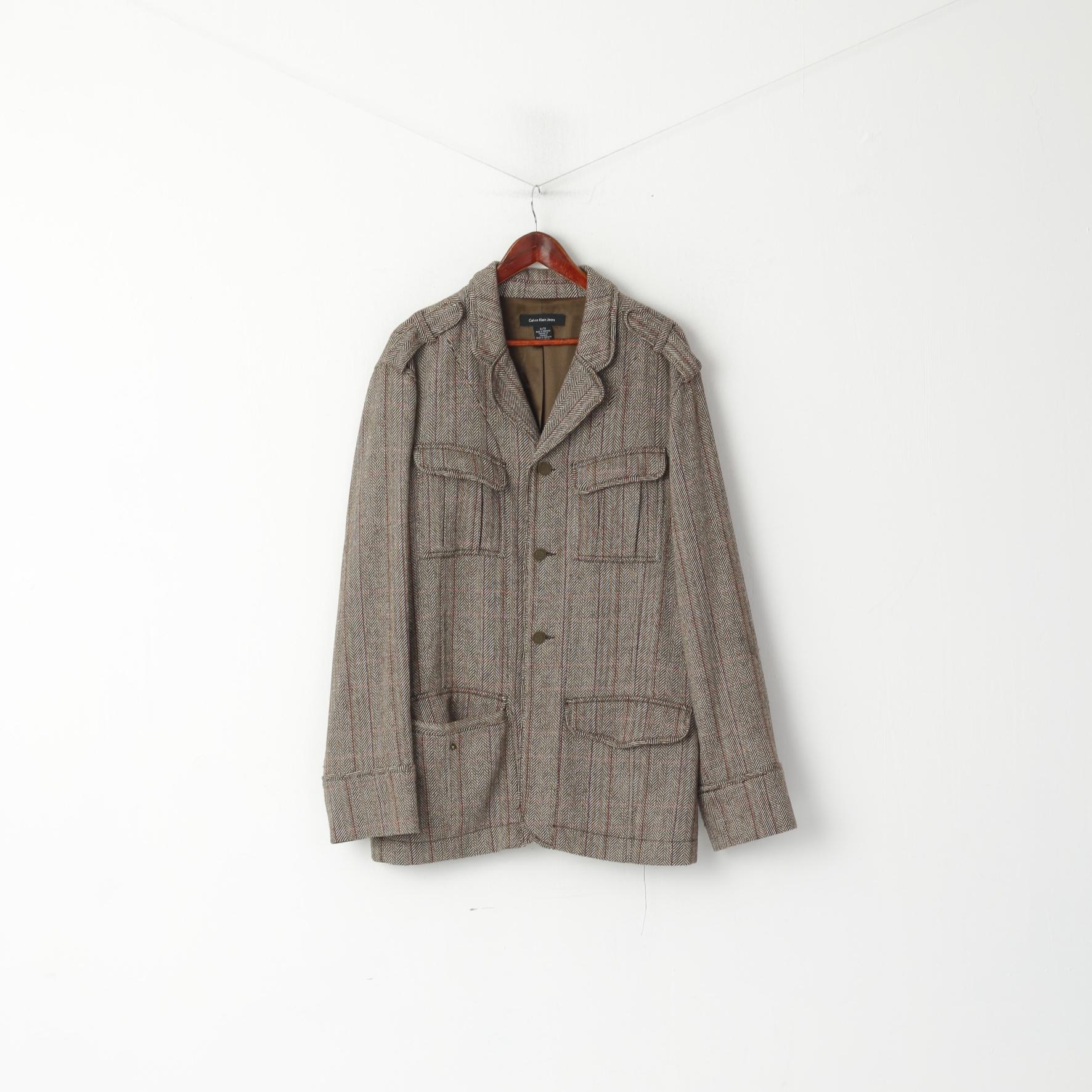 Calvin Klein Jeans Veste XL pour homme en laine marron à chevrons doux à simple boutonnage