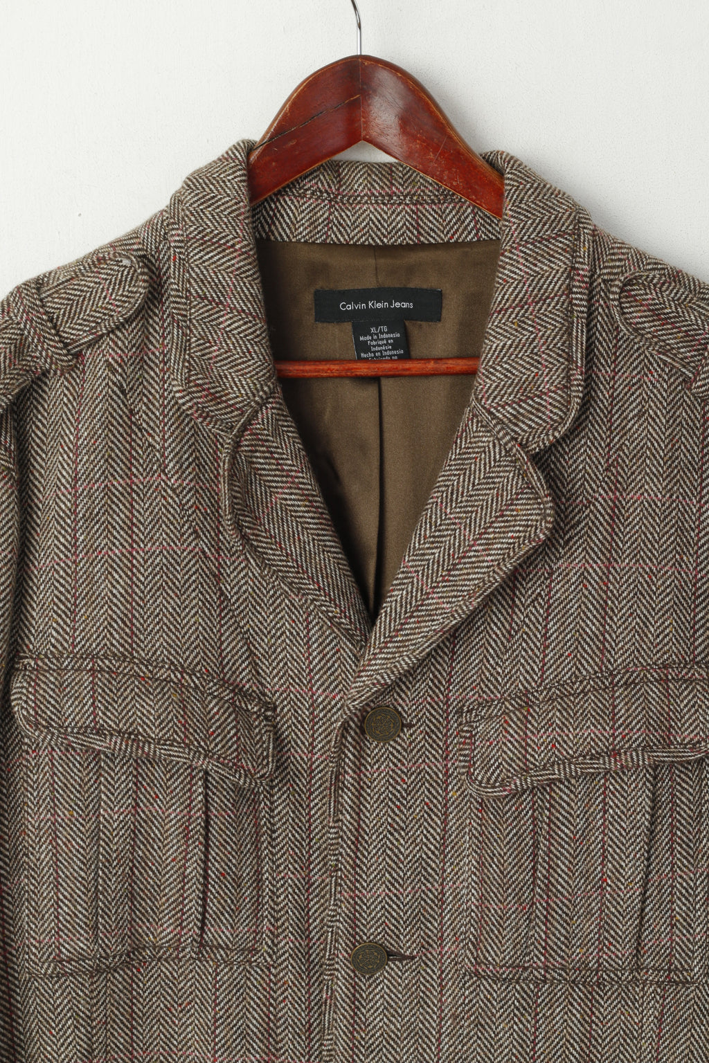 Calvin Klein Jeans Veste XL pour homme en laine marron à chevrons doux à simple boutonnage