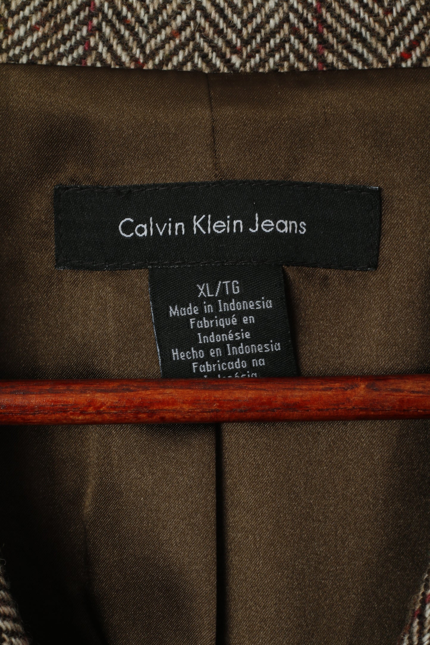 Calvin Klein Jeans Veste XL pour homme en laine marron à chevrons doux à simple boutonnage
