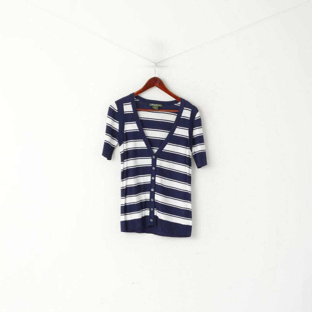 Eddie Bauer Women M Cardigan White Navy Striped Linen Cotton Blend Short Sleeve Top