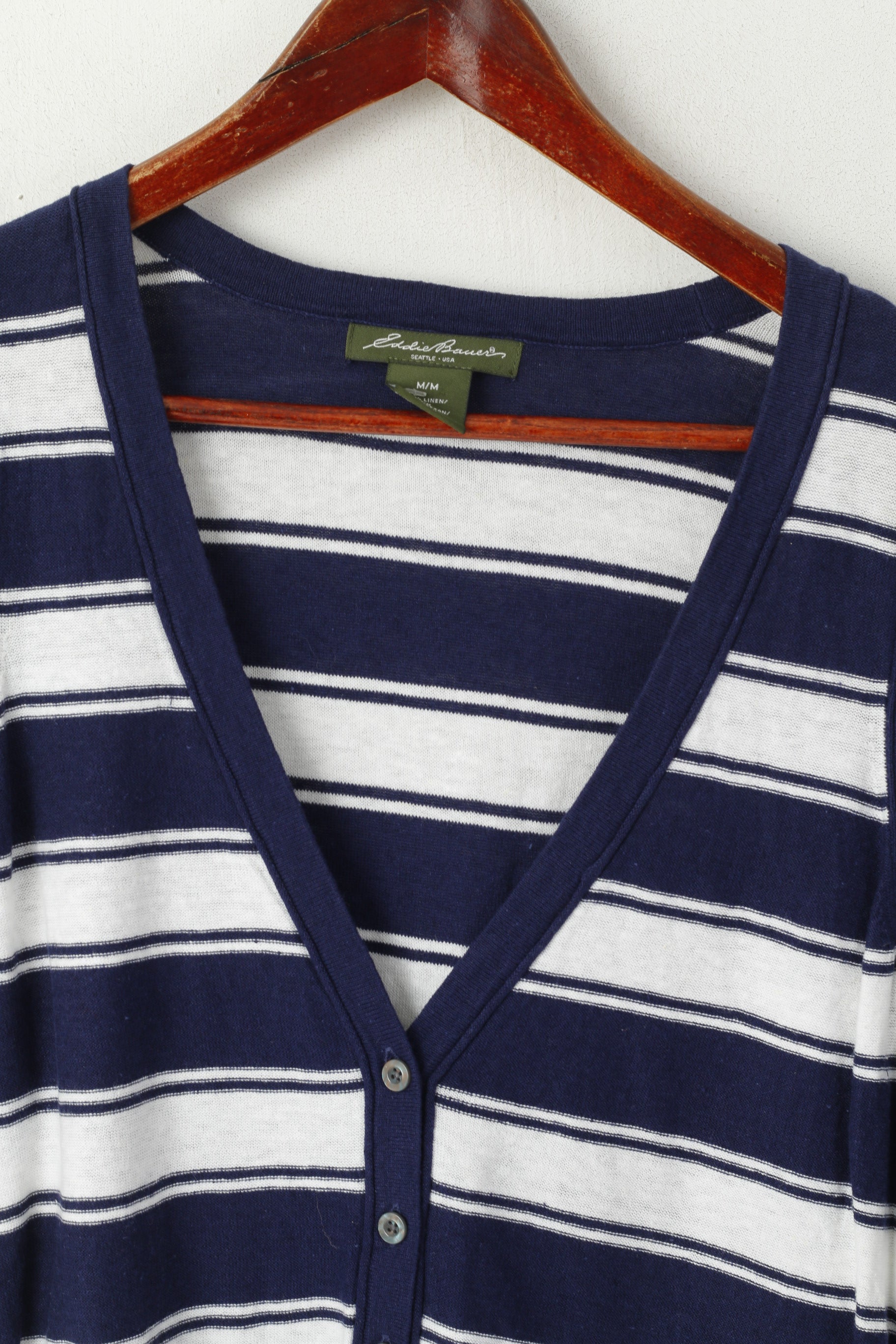 Eddie Bauer Women M Cardigan White Navy Striped Linen Cotton Blend Short Sleeve Top