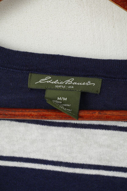 Eddie Bauer Women M Cardigan White Navy Striped Linen Cotton Blend Short Sleeve Top