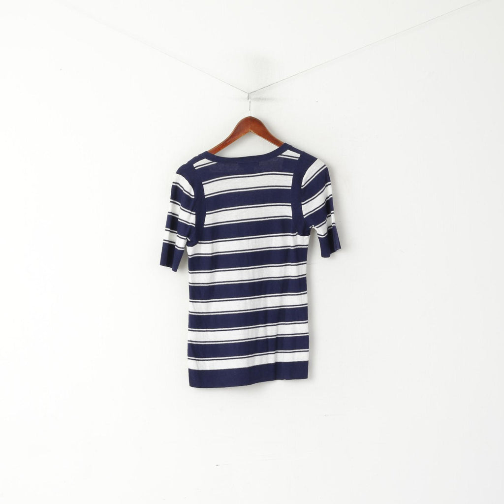 Eddie Bauer Women M Cardigan White Navy Striped Linen Cotton Blend Short Sleeve Top