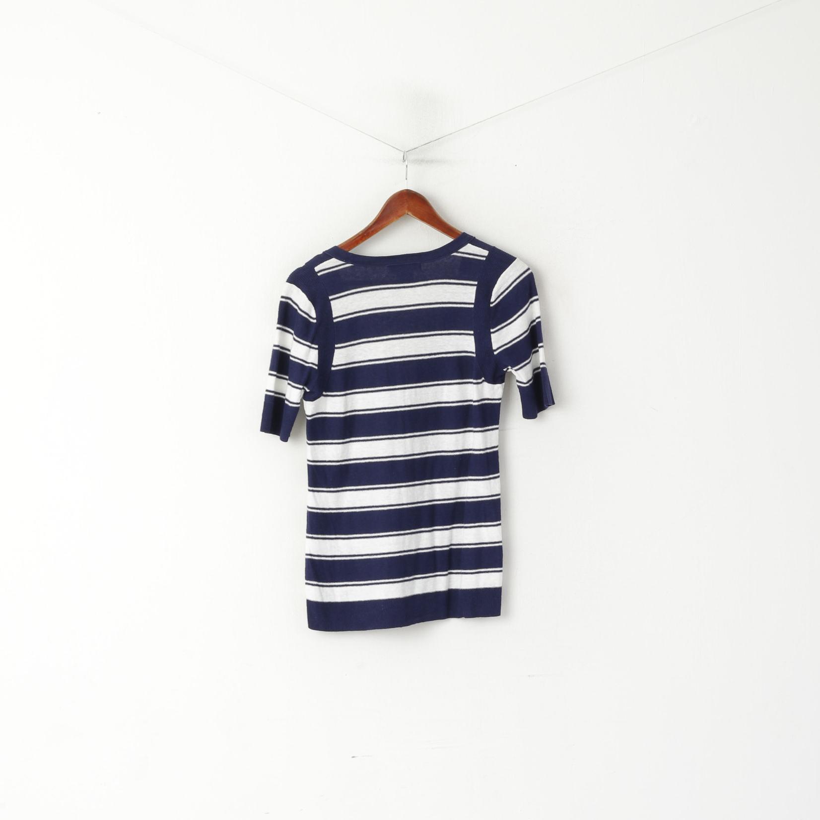 Eddie Bauer Women M Cardigan White Navy Striped Linen Cotton Blend Short Sleeve Top