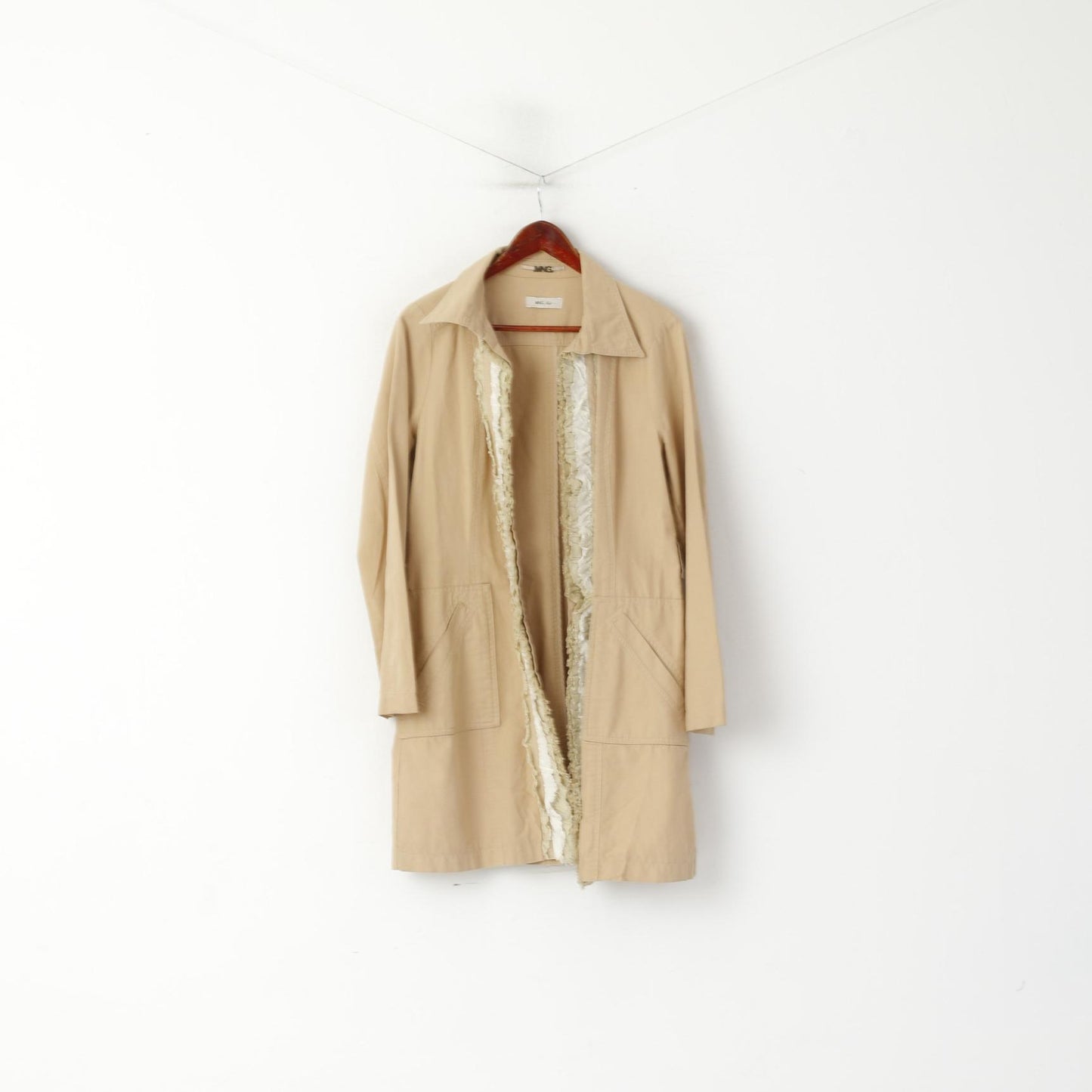 Mango Suit Women XXL(L) Open Front Coat Beige Cotton MNG Long Frills Casual Top