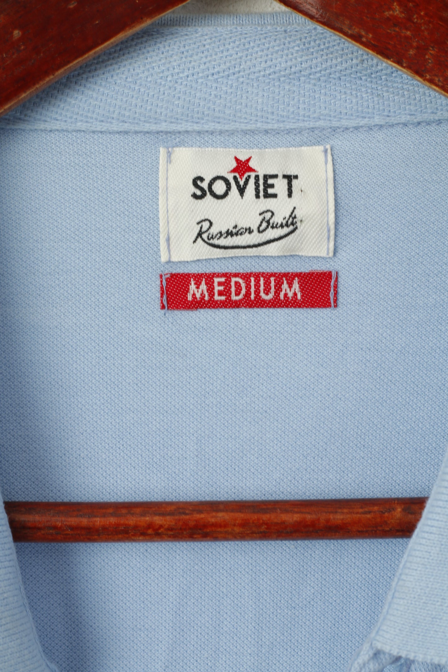 Soviet Russian Built Men M Polo Shirt Blue Cotton Triangle Printed Detailed Buttons Top