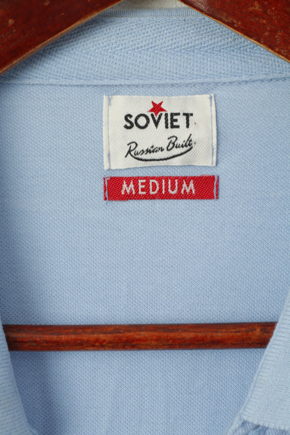 Polo soviétique de construction russe pour hommes, haut en coton bleu imprimé avec boutons détaillés