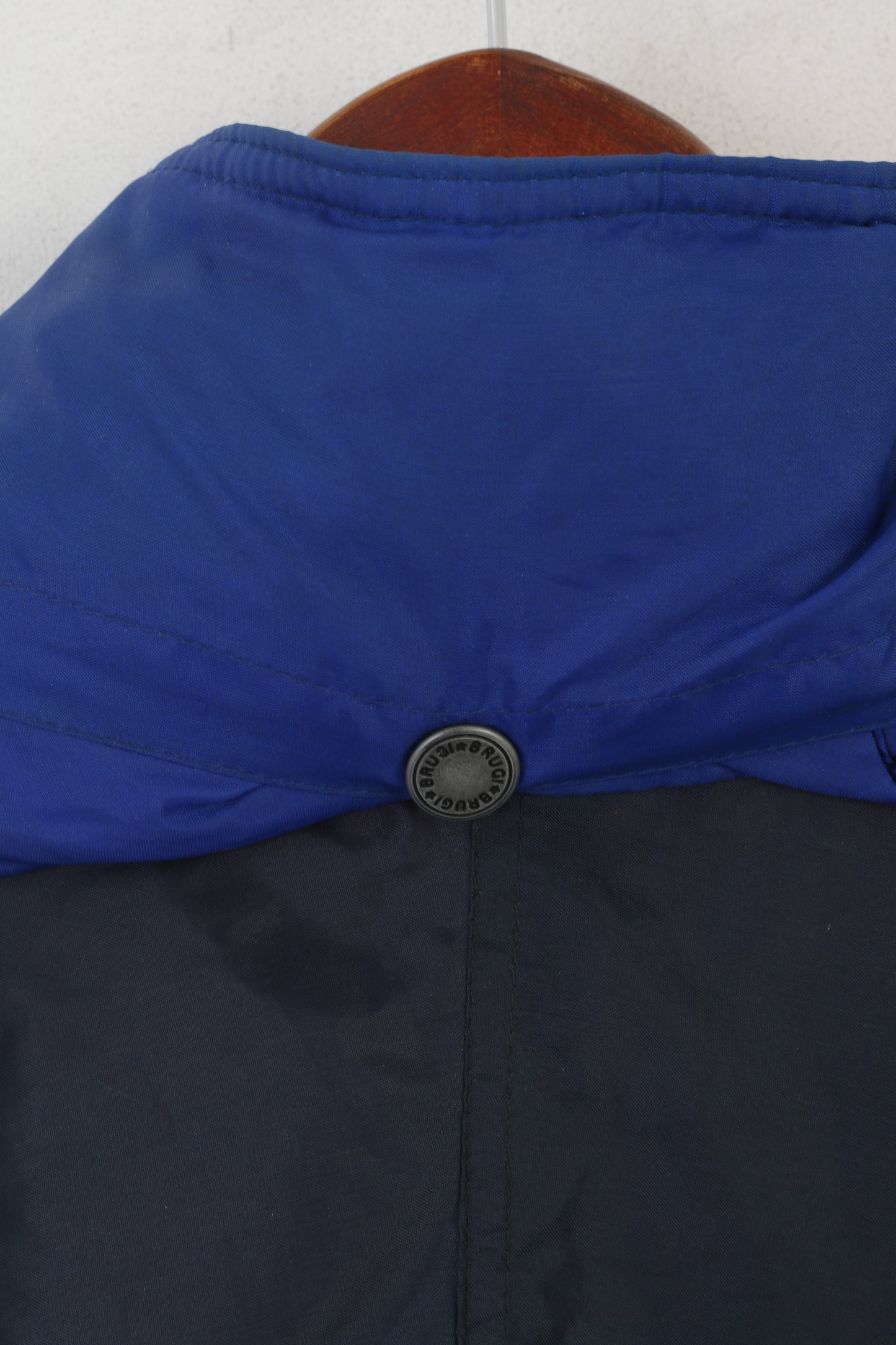 Giacca da uomo Brugi in nylon blu scuro vintage impermeabile in stile italiano con cappuccio nascosto