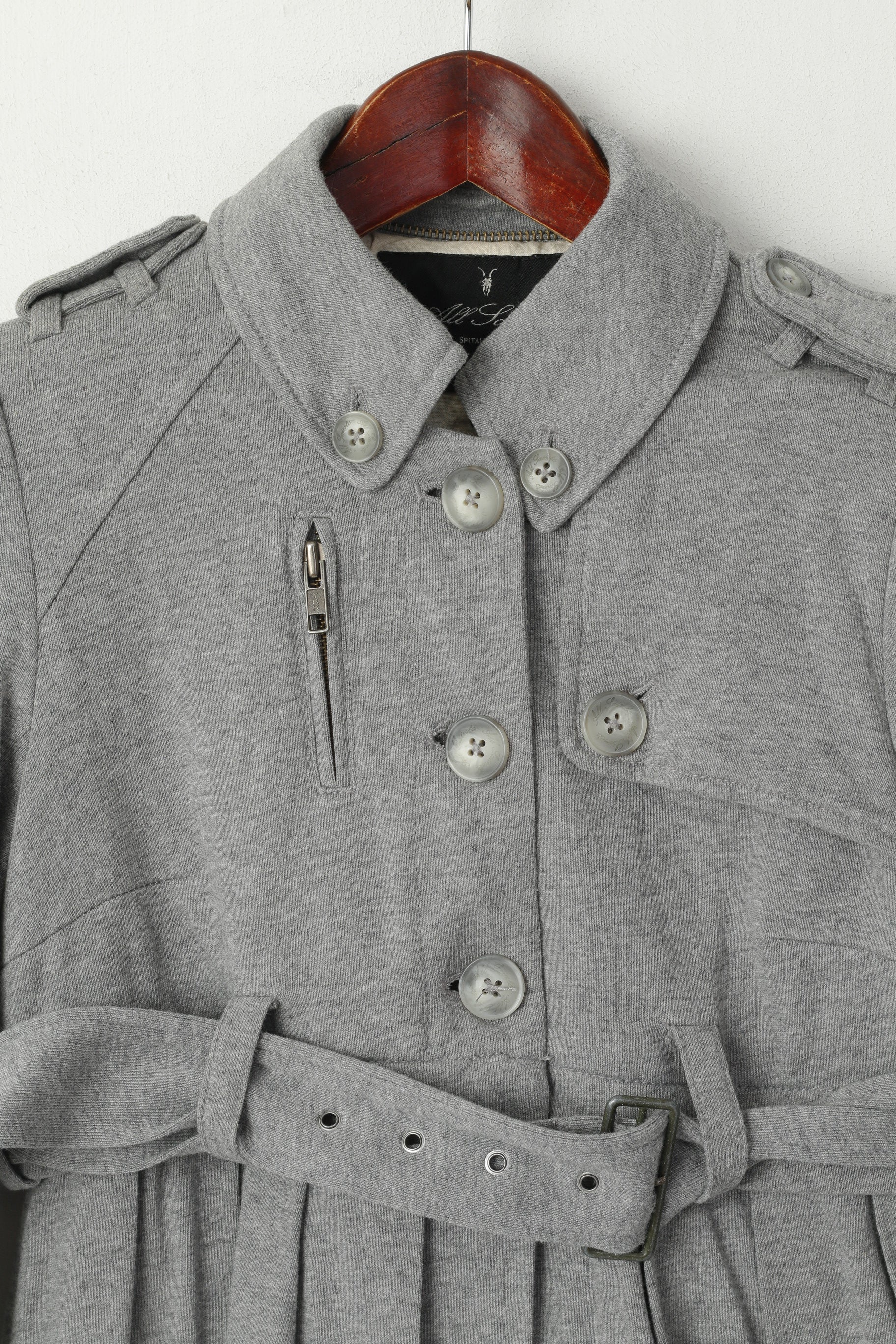 AllSaints Femmes 36 8 XS Sweat Gris Coton 3 Boutons Ceinturé Ourlet Ample Haut