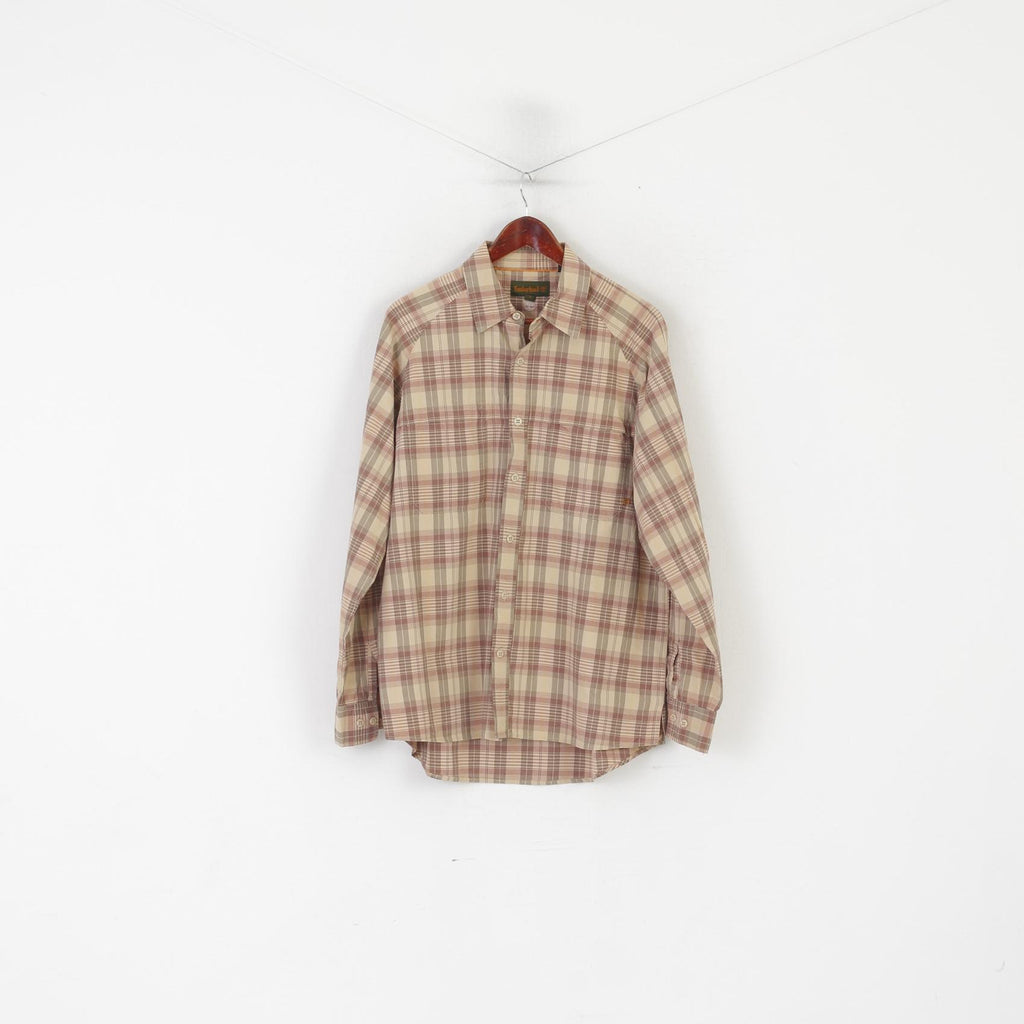 Timberland Men L Casual Shirt Brown Check Cotton Long Sleeve Vintage Outdoor Top