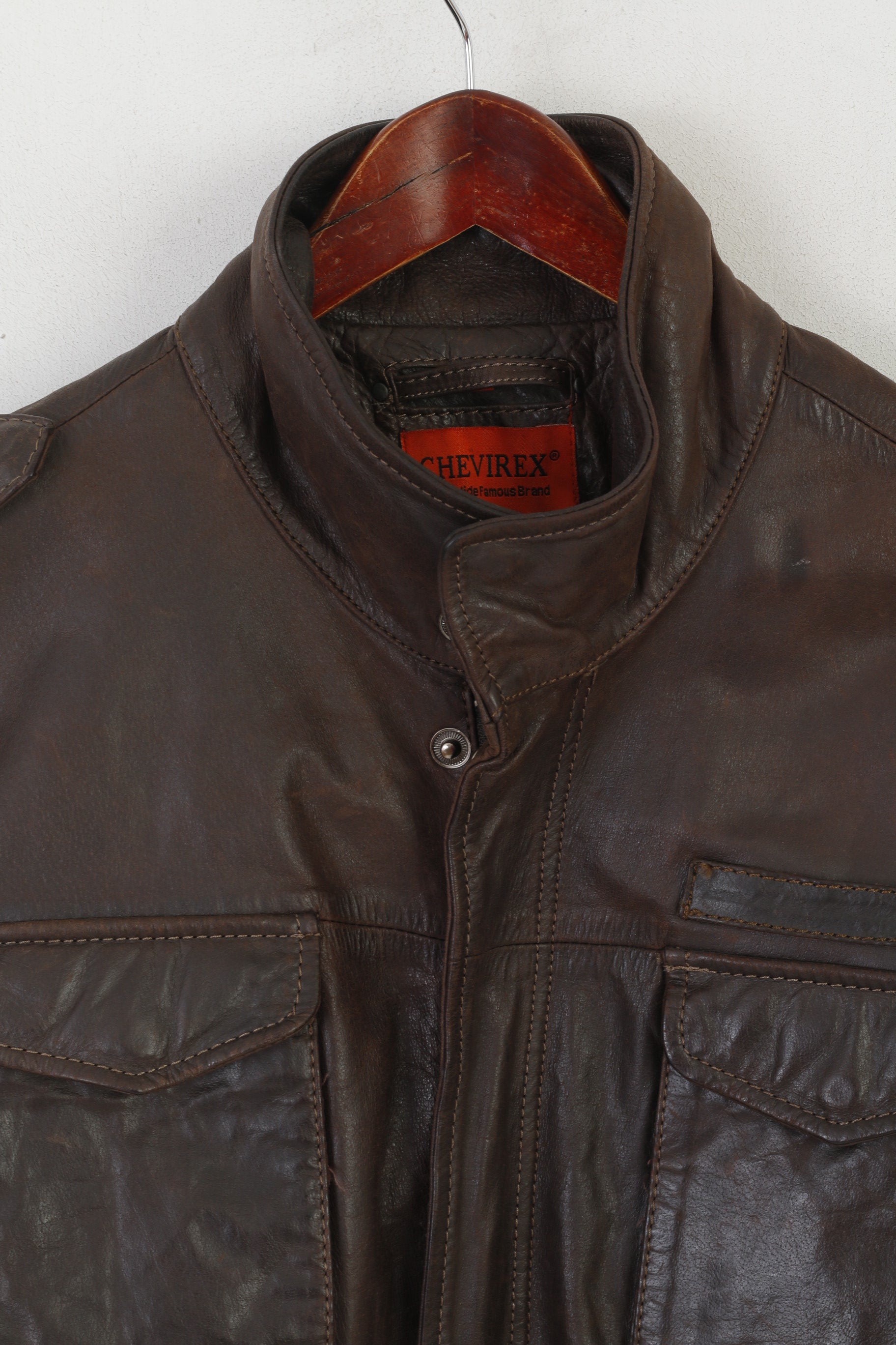Chevirex Men 54 L Jacket Brown Leather Vintage Full Zipper Biker