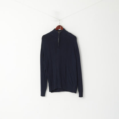 Oscar De La Renta Men L Jumper Navy Cotton Plain Knit Zip Neck Sweater