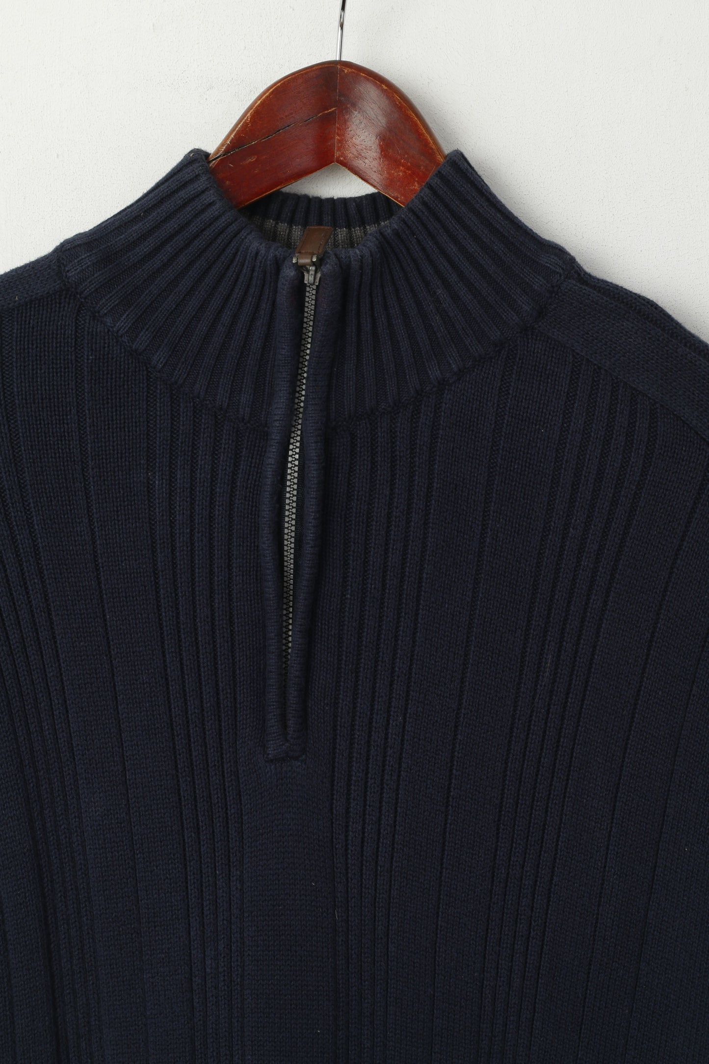 Oscar De La Renta Men L Jumper Navy Cotton Plain Knit Zip Neck Sweater