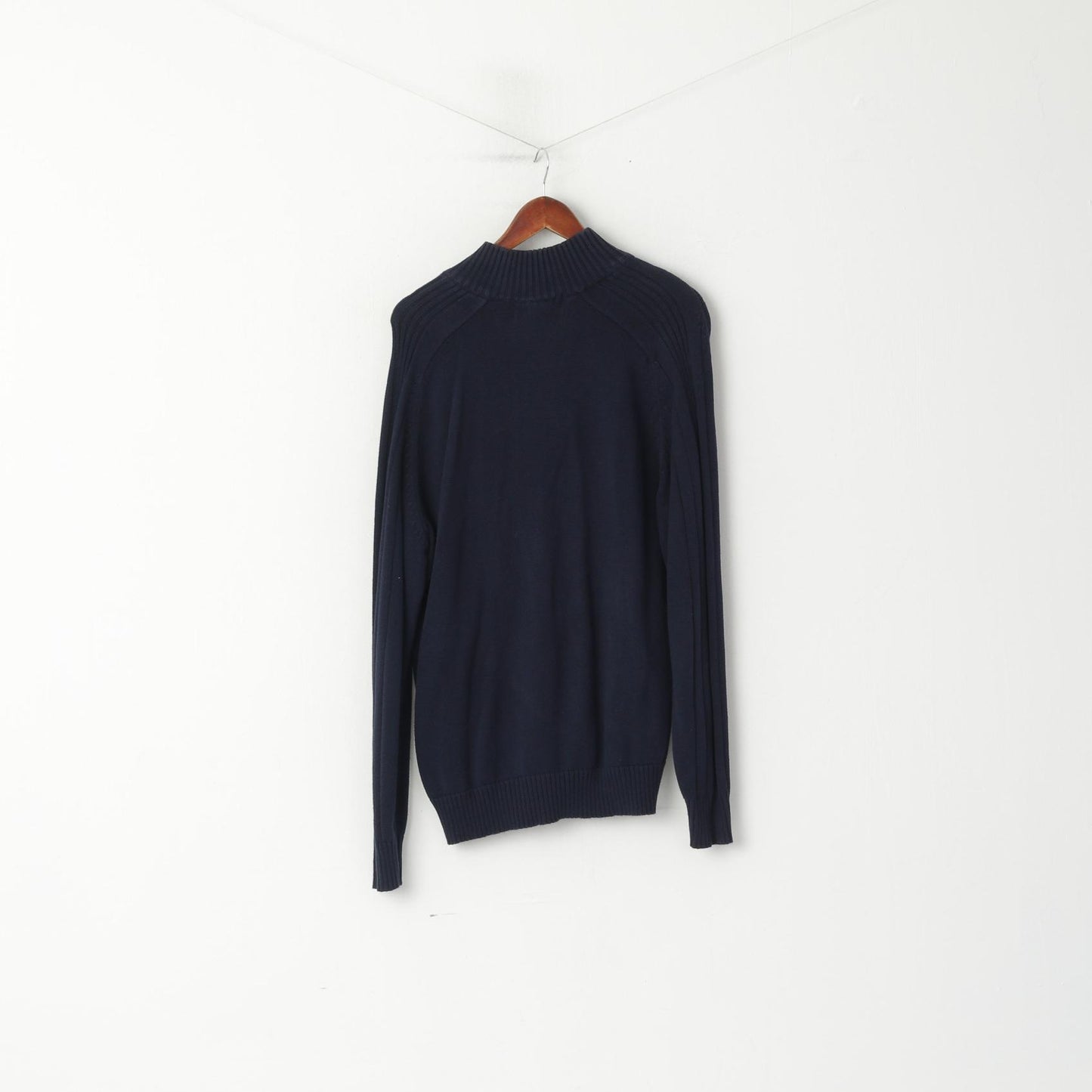 Oscar De La Renta Men L Jumper Navy Cotton Plain Knit Zip Neck Sweater