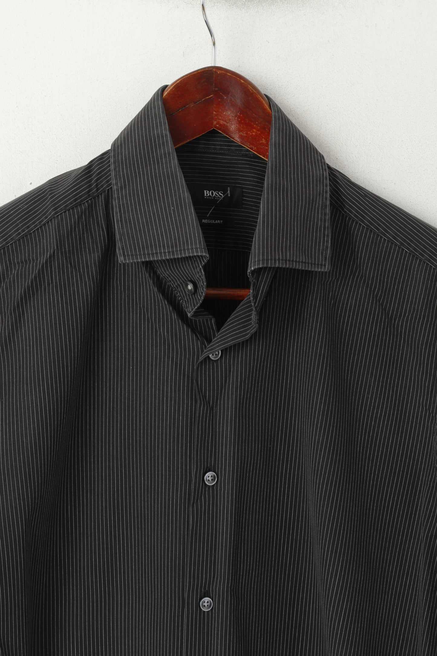 Hugo Boss Men S 40 Casual Shirt Black Striped Cotton Regular Fit Long Sleeve Top