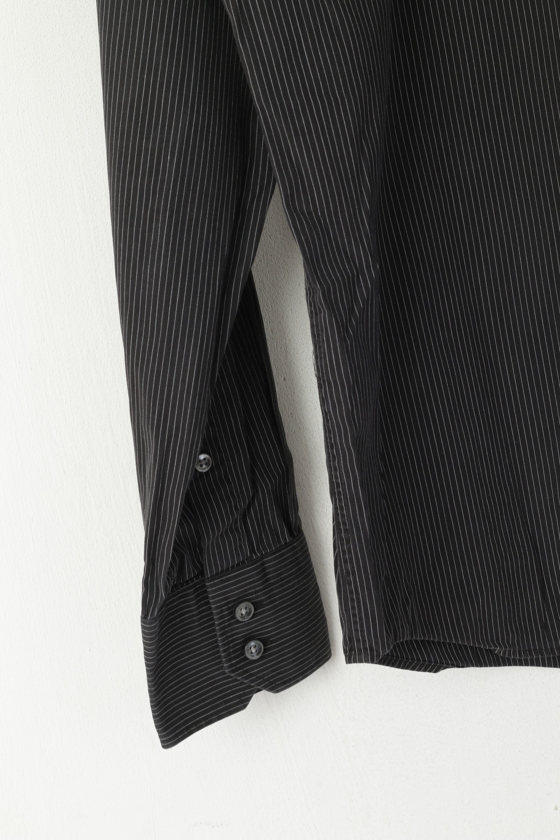 Hugo Boss Men S 40 Casual Shirt Black Striped Cotton Regular Fit Long Sleeve Top