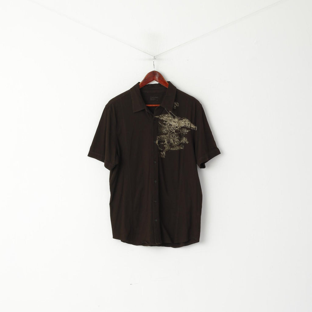 Calvin Klein Men M Casual Shirt Brown Cotton Stertch Graphic Detailed Button Top
