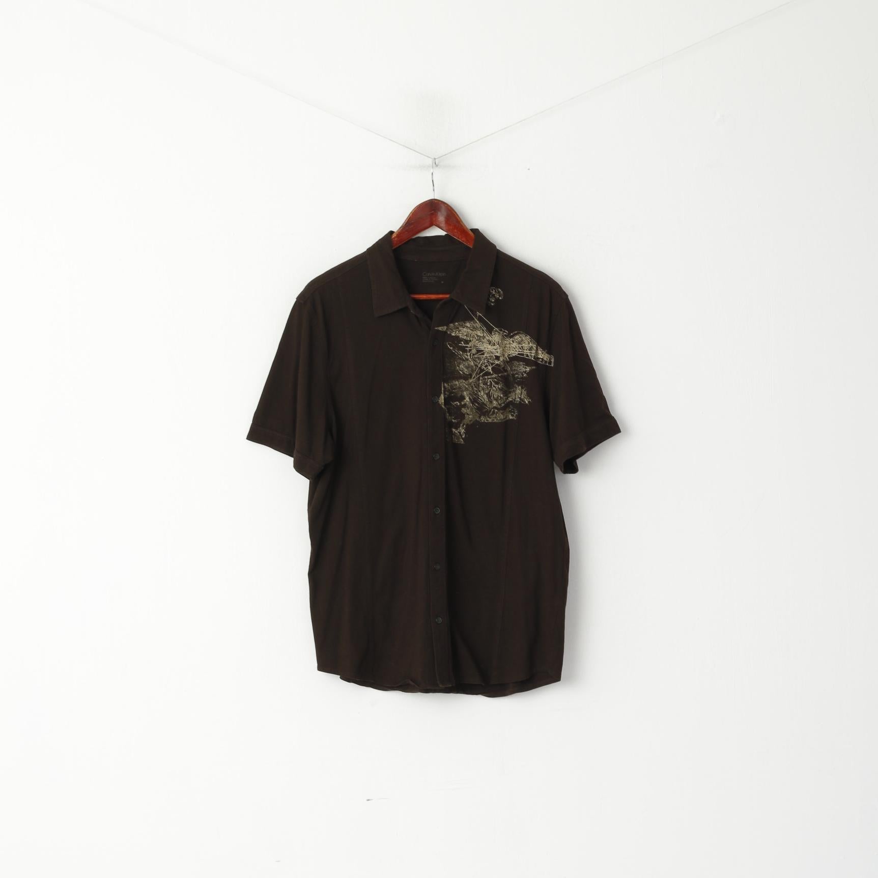 Calvin Klein Men M Casual Shirt Brown Cotton Stertch Graphic Detailed Button Top