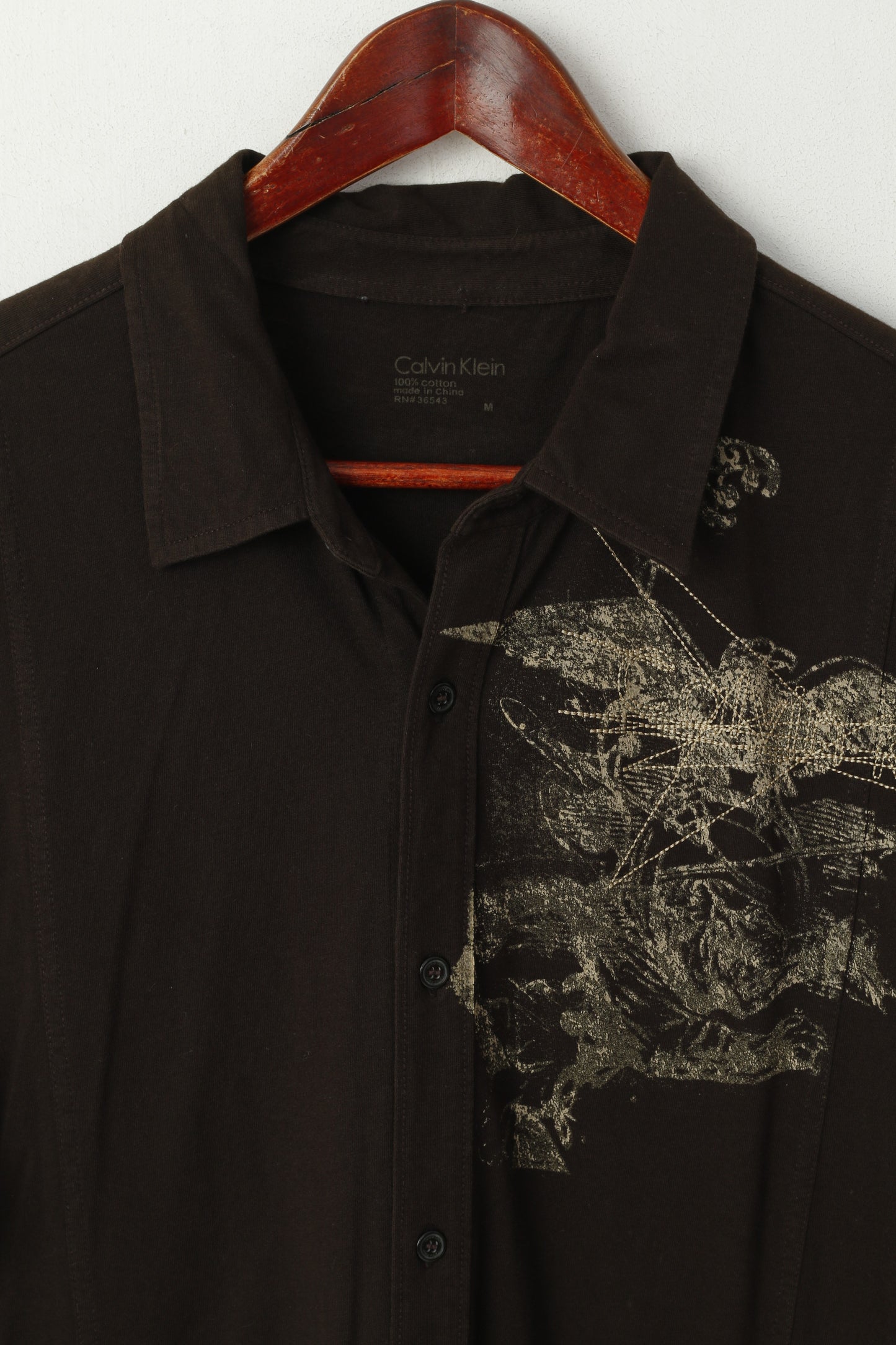 Calvin Klein Men M Casual Shirt Brown Cotton Stertch Graphic Detailed Button Top