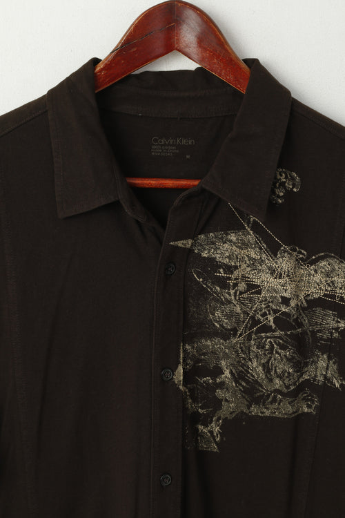 Calvin Klein Hommes M Chemise décontractée Marron Coton Stertch Graphique Détail Bouton Haut