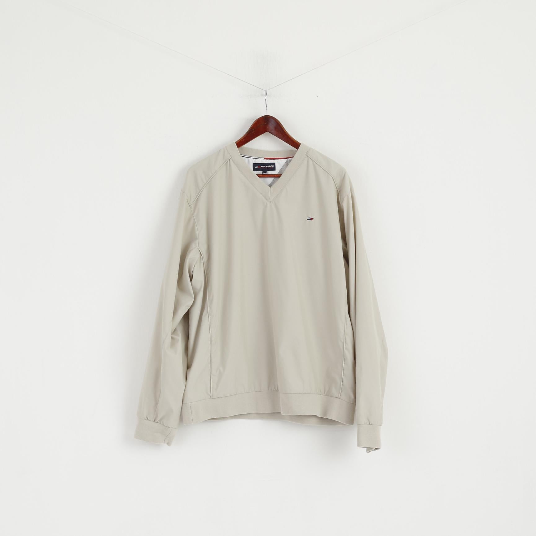 Hilfiger Athletics Men XL Pullover Jacket Beige V Neck Blouse Sport Mesh Lined Active Top