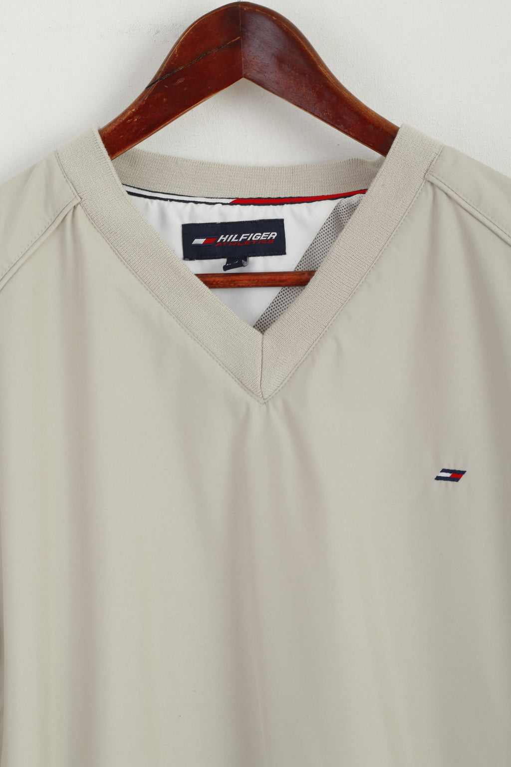 Hilfiger Athletics Men XL Pullover Jacket Beige V Neck Blouse Sport Mesh Lined Active Top