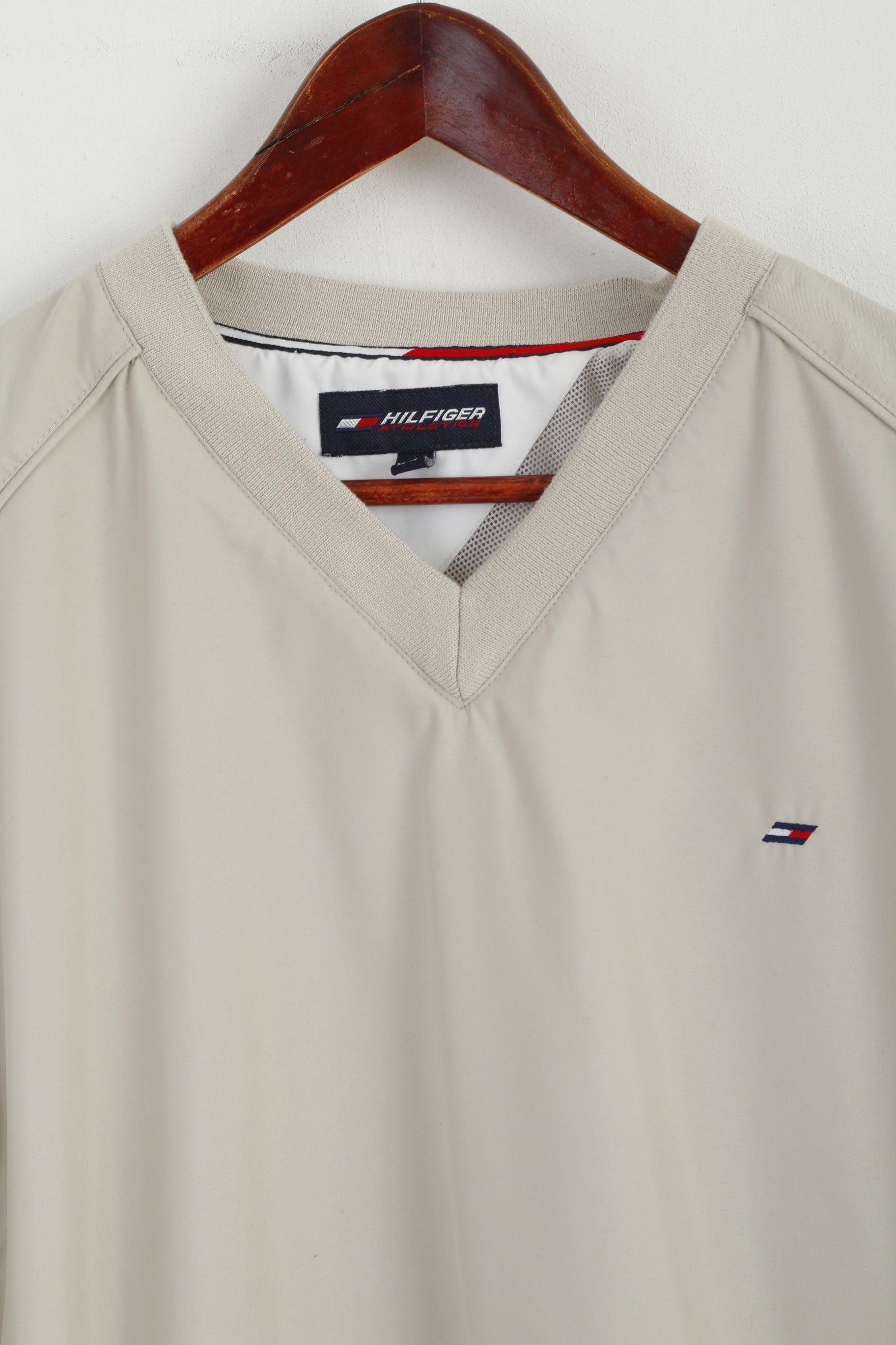Hilfiger Athletics Men XL Pullover Jacket Beige V Neck Blouse Sport Mesh Lined Active Top