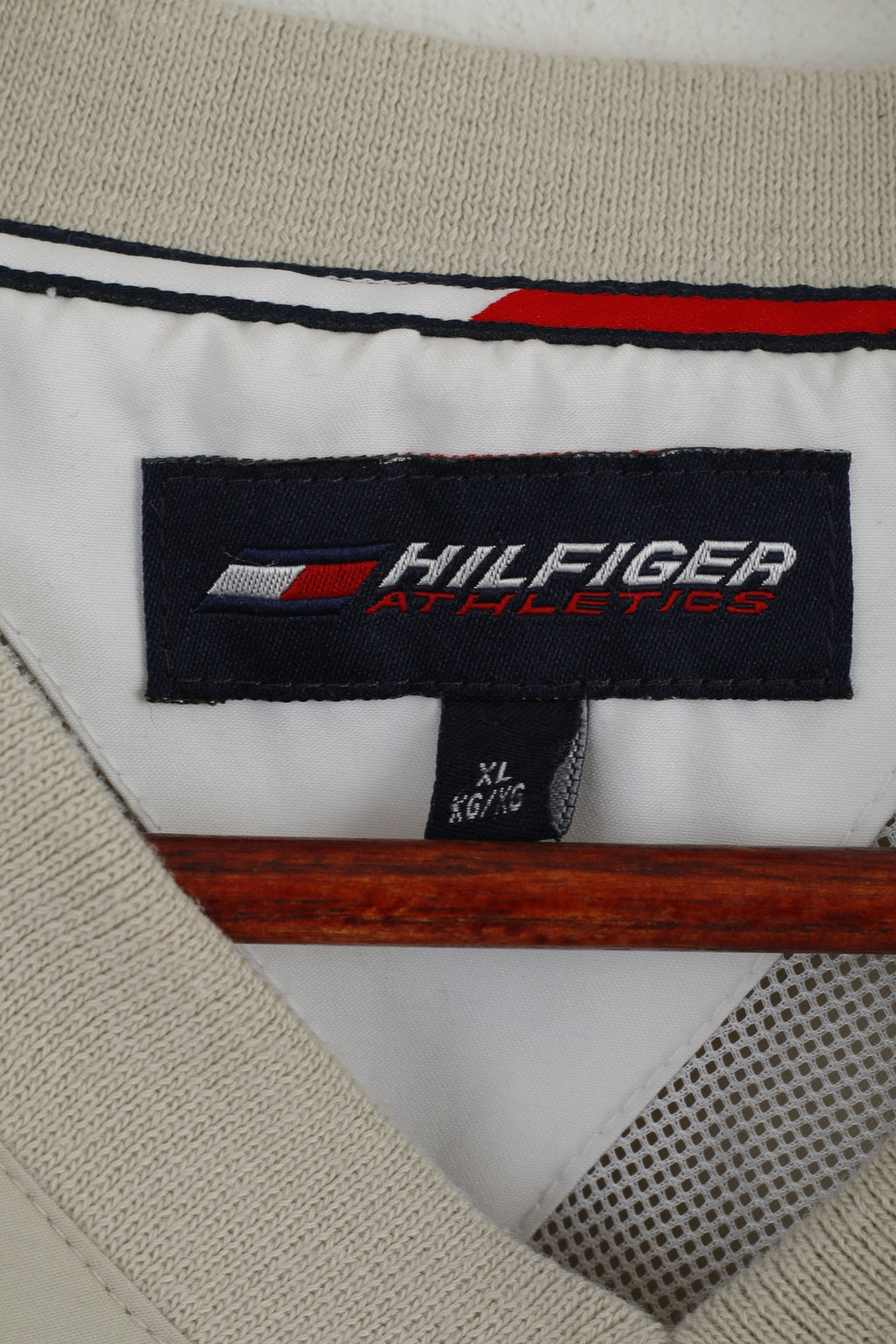 Hilfiger Athletics Men XL Pullover Jacket Beige V Neck Blouse Sport Mesh Lined Active Top