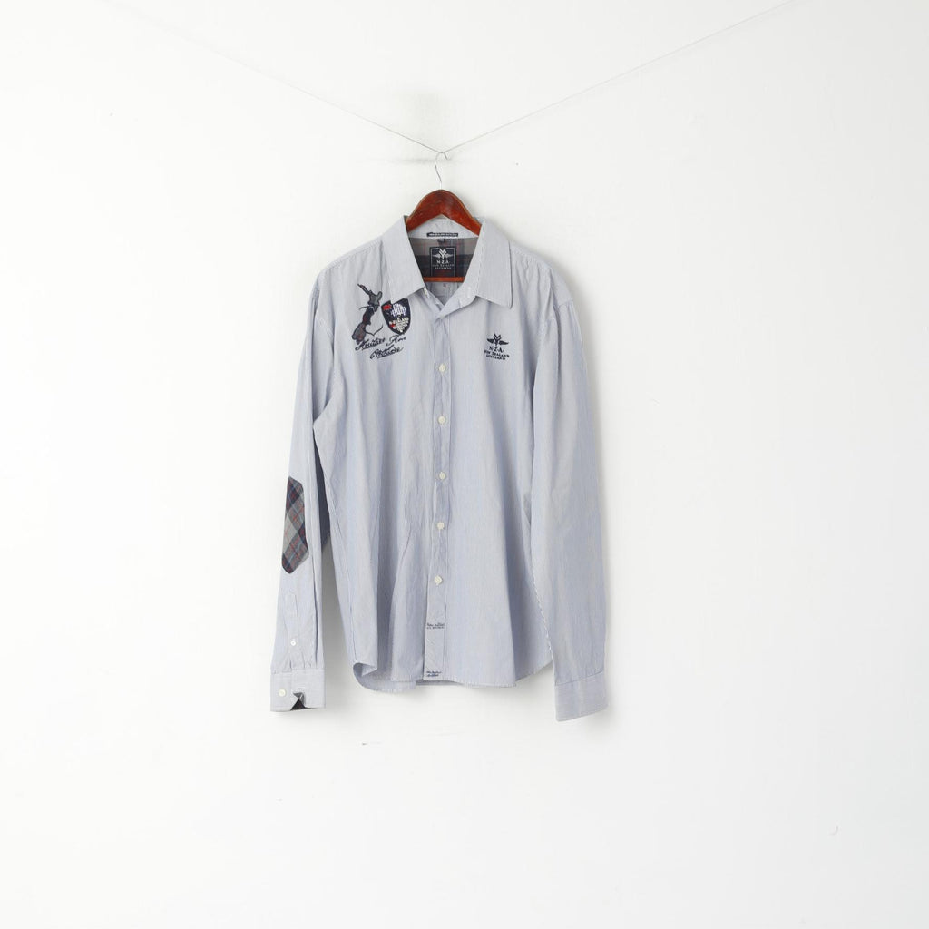 New Zealand Auckland Men 4XL (2XL) Casual Shirt Blue Striped Cotton Patches Long Sleeve