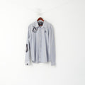 New Zealand Auckland Men 4XL (2XL) Casual Shirt Blue Striped Cotton Patches Long Sleeve