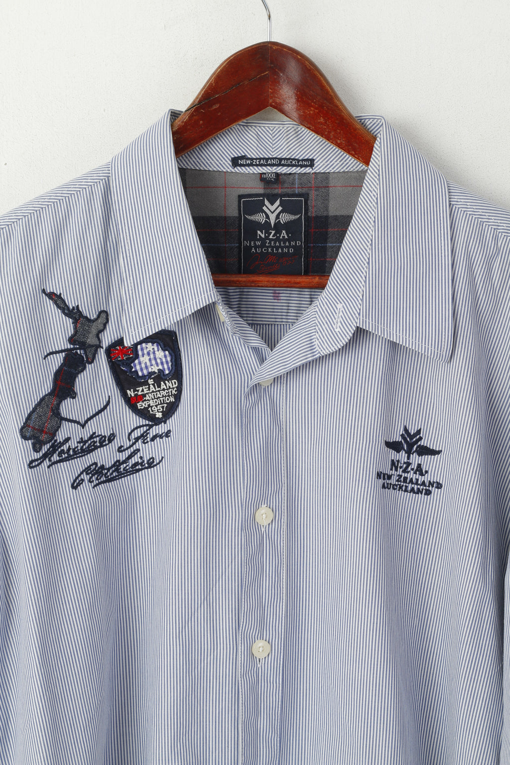 New Zealand Auckland Men 4XL (2XL) Casual Shirt Blue Striped Cotton Patches Long Sleeve