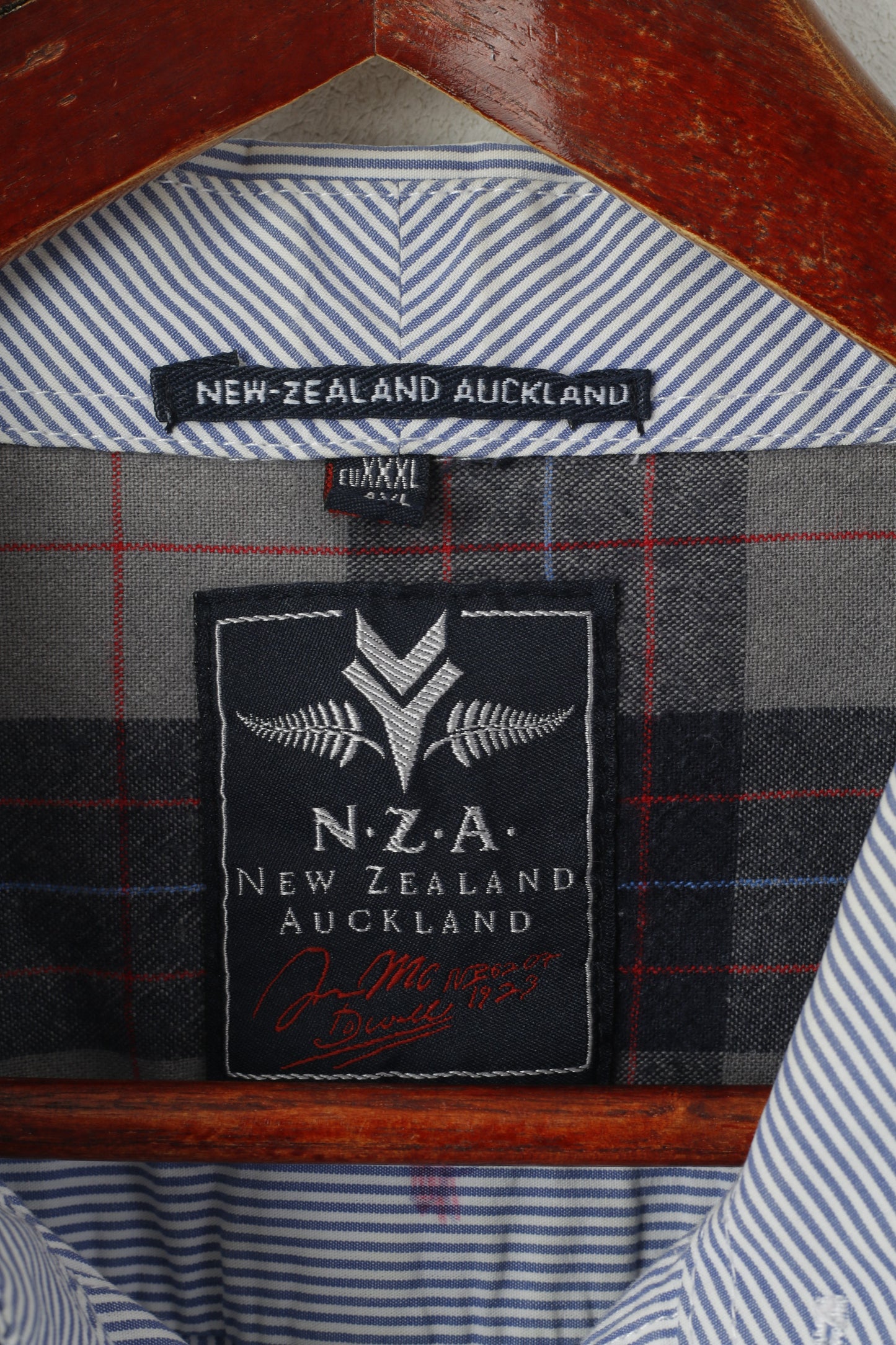 New Zealand Auckland Men 4XL (2XL) Casual Shirt Blue Striped Cotton Patches Long Sleeve