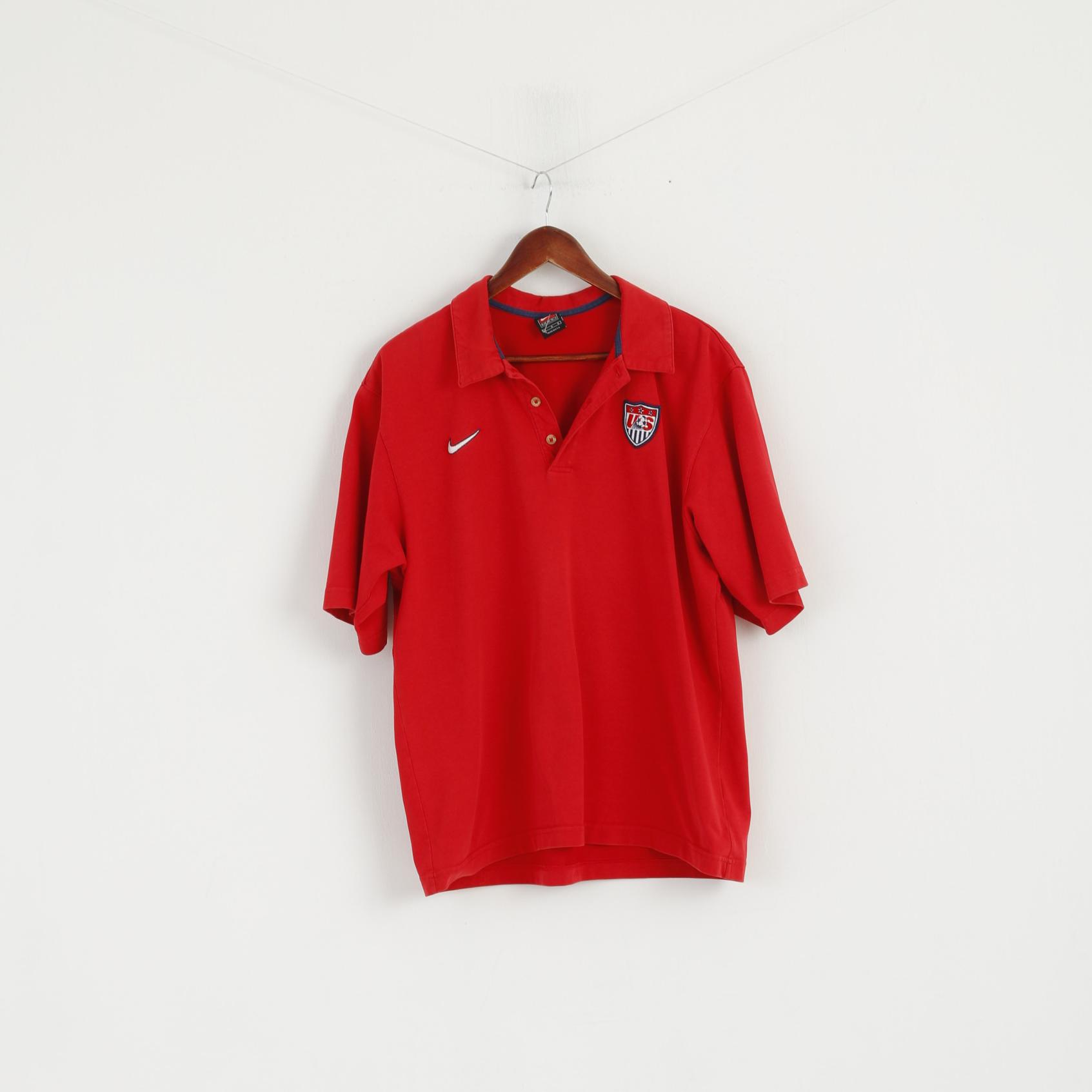 Nike Team Men L Polo Shirt Red Cotton USA Football Short Sleeve Vintage Top