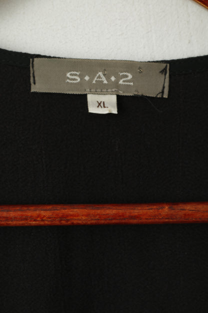 SA2 Women XL Elegant Shirt Black One Button Front Top Thin Material Silk Blend Shoulder Pads