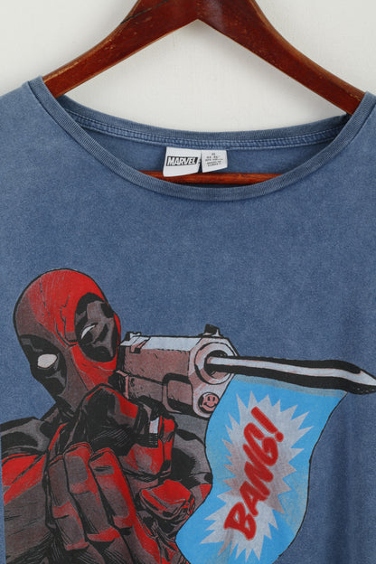 Marvel Men XL T- Shirt Blue Cotton Graphic Deadpool Faded Short Sleeve Top