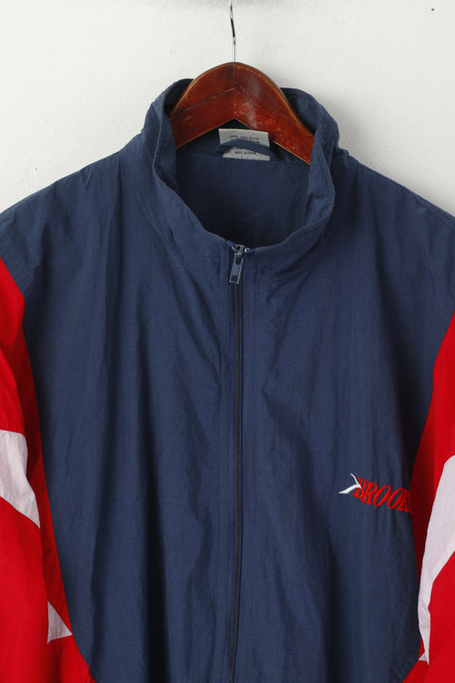 Brooks Men L Jacket Navy Vintage Nylon Full Zipper Mesh Doublé Sportswear Top