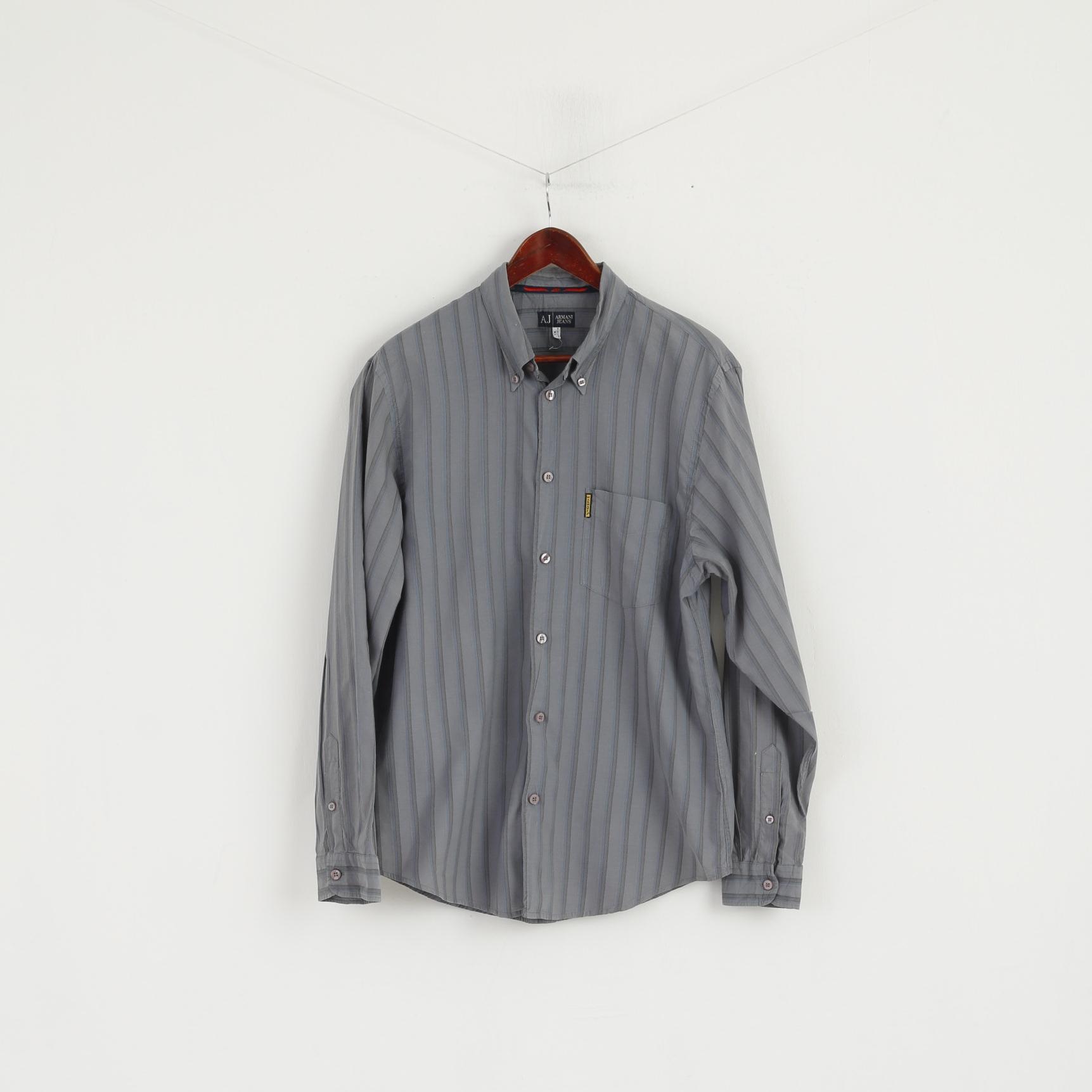 Armani Jeans Men XL (L) Casual Shirt Grey Blue Striped Cotton Long Sleeve Top